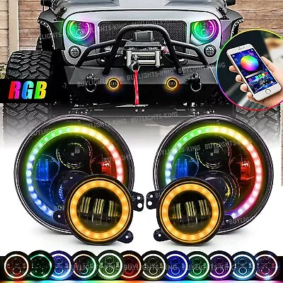 7'' RGB LED Halo Headlights Fog Lights Combo Kit For Jeep Wrangler JK Muti-Color • $110.99