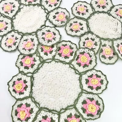 VTG  Crochet Pink & Green Floral Doilies 3D Raised Flowers Handmade X3 Cottage • $16.95