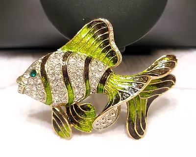 Vintage Gold Tone Green Enamel Rhinestone Fish Brooch Sz. 2 1/2  & 38 Gm B501 • $12