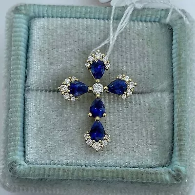 Women's Gift 14k Gold Over Silver Lab-Created Sapphire & Diamond Cross Pendant • $380.37