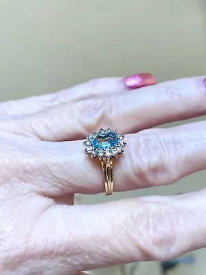 LOVELY Vintage Designer 14 Kt. Yellow Gold Faceted Aquamarine & Diamond Ring • $298