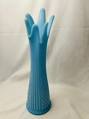 FENTON Stretch Swung Blue Satin Milk Glass Diamond Pattern Vase 13  • $69.95