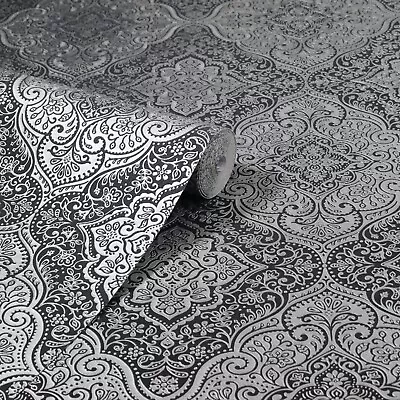 £10.95 • Buy Arthouse Charcoal Black Silver Grey Damask Wallpaper Shimmer Metallic Vinyl 