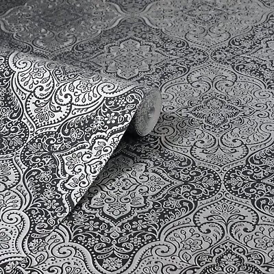 Arthouse Charcoal Black Silver Grey Damask Wallpaper Shimmer Metallic Vinyl  • £14.95