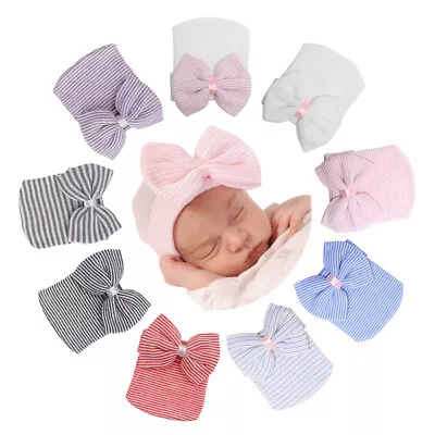 Newborn Baby Girls Infant Striped Soft Hat With Bow Cap Hospital Beanie Headband • £3.25