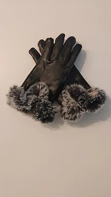 New Womens Leather Touch Screen Gloves With Real Rabbit Fur Trim. • $12