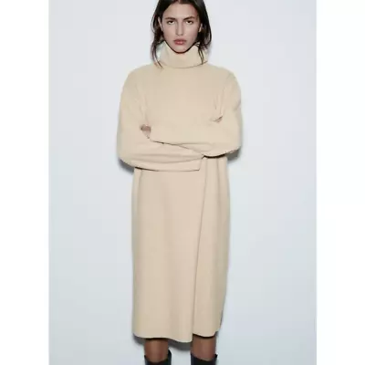 NWT Zara Soft Midi Turtleneck Long Sleeve Dress In Mid-Ecru Women's M • $48