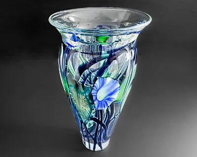 Jeremiah Lotton 6.5  Blue Flower Morning Glory Art Glass Paperweight Vase • $550