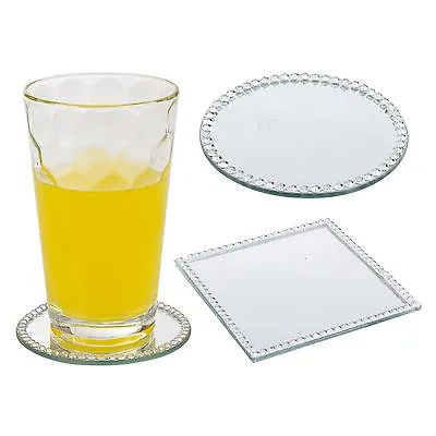 Round Square Glass Mirror Coaster Plate Cup Table Decoration Bead Edged Sparkle • £0.99