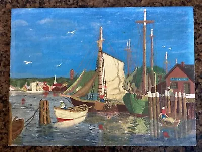 Vintage Busy Harbor Seascape Boats Ships Oil Painting WPA Era Unsigned Mystery • $49.99