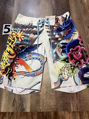 Ed Hardy Surf Or Die Board Shorts Size 31 Christian Audigier Colorful Dragon  • $44.95