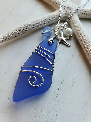 Sea Glass Necklace W/ Royal Blue 48mm Large Shard Pendant Silver Wire Wrapped • $11.69