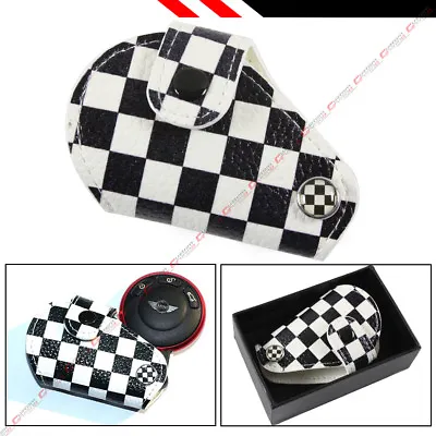 For 08-18 Mini Cooper Blk White Checkered Flag Logo Leather Key Fob Holder Pouch • $9.99