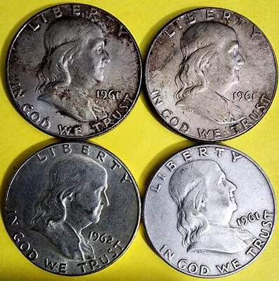 4 US Coins (2) 1961 P (1) 1961 D (1) 1962 P Franklin 90% Silver Half KM 199 • $39.99