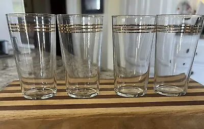 MCM Juice Or Whiskey Glass Retro 3 Gold Stripes/Bands On Clear Glass • $15.05