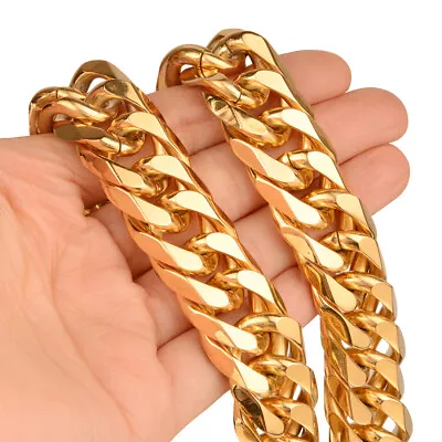 24  16mm Gold Curb Cuban Chain Necklace For Men's 316L Stainless Steel Jewelry • $13.89