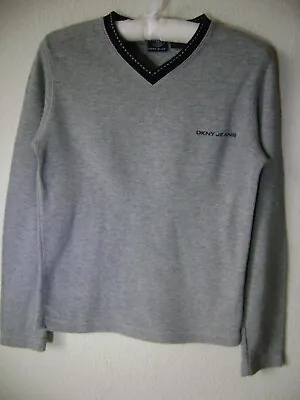 Dkny Jeans Women's Vintage Knit Top M Gray Logo V-neck Pullover Blouse T-shirt • $15.99