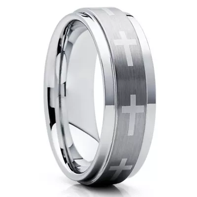 Cross Wedding Ring Tungsten Wedding Ring Silver Tungsten Ring • $35.62