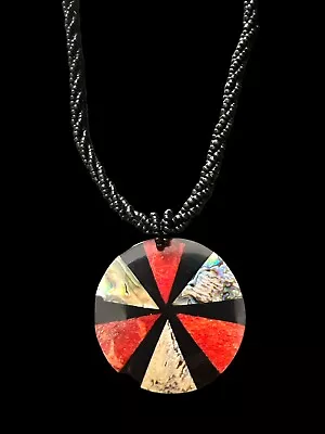 Black Microbeaded Twisted Necklace With Black Red & Abalone Shell Round Pendant • $8