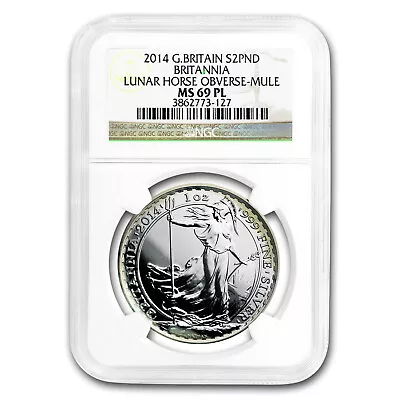 2014 1oz Britannia Mule MS-69PL NGC (w/Lunar Horse Obv Dmgd) • $92.30