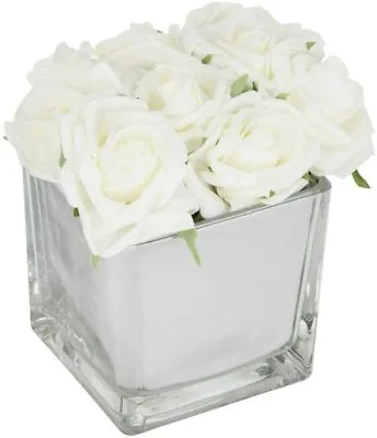 White Roses In Mirror Cube Artificial Plant Hallway Bedroom Gift (Home Decor) • £12.99