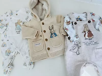 0-3 Month PETER RABBIT Baby Clothes Jacket/Cardi Sleepsuit Outfit Bundle Cream • £9.99