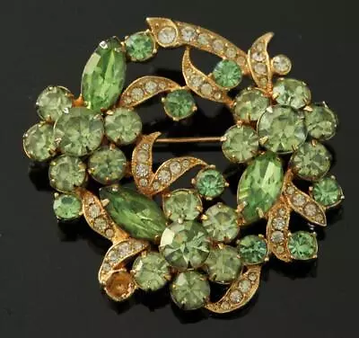 Vtg EISENBERG ICE Signed Green & Clear Rhinestone Floral Gold PIN BROOCH • $40