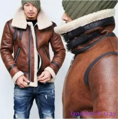 Retro Men's Faux Leather Coat Fur Lining Jacket Lapel Motor Warm Slim Fit Casual • $63.53