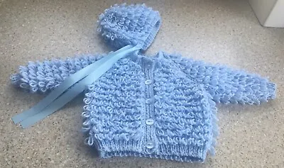 New Hand Knitted Blue Loopy  Cardigan With  Bonnet  0-3Months • £8.99