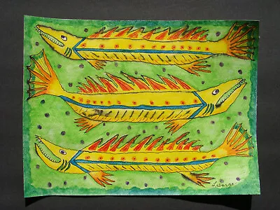 BRUT OUTSIDER FOLK ART PAINTING FIERCE NEEDLE FISH By FACE JUG MAKER LABARGA  • $40