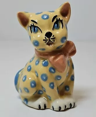 Vintage CERAMIC ARTS STUDIO Yellow Cat Figurine Blue Polka Dots 2.75  Tall • $12.50