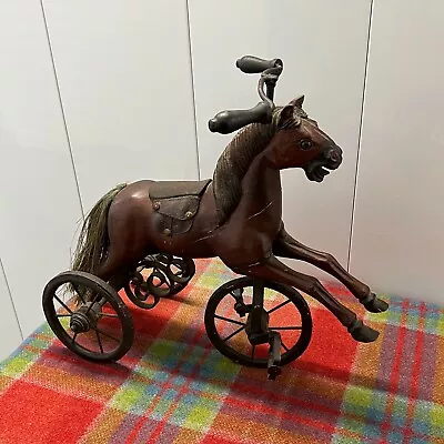 Antique Horse Tricycle Leather Wood Cast Iron Nursery Decor Pedal Toy 18  • $267.75