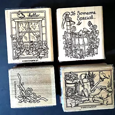 4 Vtg Stampin' Up Craft Stamps Rubber On Wood Block Flowers Birds Sentiments • $13.94