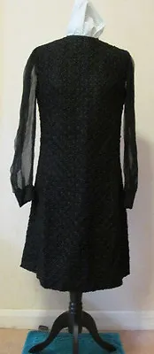 Late 1950's Black Ribbon Lace Sheath Dress Chiffon Sleeves 16-18 Petite VVGC • £70