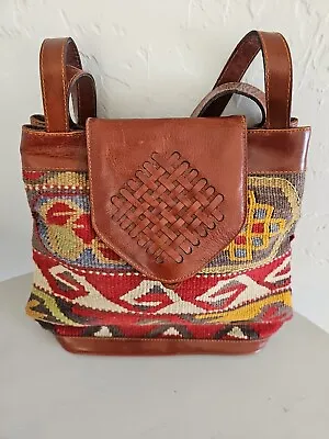 Vintage Kilim Wool Handbag Bade In Turkey Leather And Woven Wool Southwest • $136.71