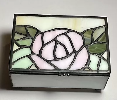 Vintage Slag Stained Glass Trinket Box Rose Design Handmade Pretty Keepsake Pink • $9.99
