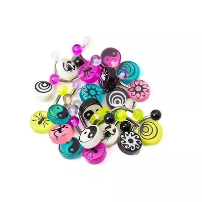 Lot Of 20 Mixed Acrylic Logo Belly Rings 316L Surgical Steel 14ga-3/8 (10mm) • $9.20