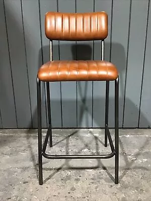 Bar Stool Tan Leather Backrest And Seat With Natural Metal Industrial Frame 64cm • £70