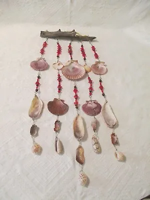 Vintage Wind Chime Seashells Red Beads Wood Decoration Mobile Windchime • $24.99
