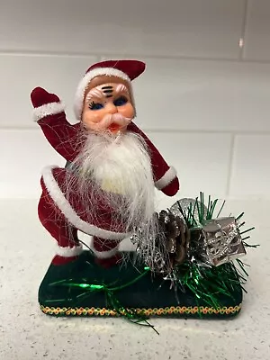 Vintage 6  Dancing Santa Claus Red Flocked Silver Gift Green Base Plastic MCM • $12.50