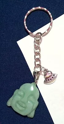 UFO Alien Buddha Martian Green Aventurine Carved Pendant Key Ring Silver Green • $17.50