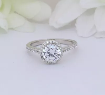 1.50 Ct Round Cut Halo Moissanite 14K White Gold Plated Engagement Gift Ring • $115.19