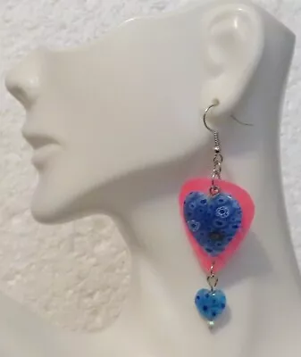 Double Blue Murano Hearts On Pink Hook 1 1/2  Drop Earrings • $6.69