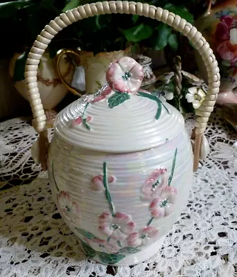 Vintage Maling Biscuit Barrel Cookie Jar   Flowers And White Pearl Lustre Ware • £32.99