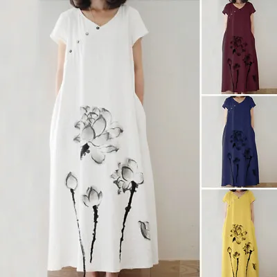 $26.55 • Buy Womens Summer Short Sleeve Floral Flower Print Bohemian Oversized Long Dress HOT
