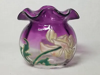 Antique Art Nouveau Mont Joye Legras Glass Hand Painted Floral Enamel Vase • $225