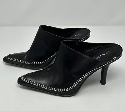 Via Spiga Blk Leather Italian 4” Heels Pointed Toe Shoes Mules Womens Size 8.5 • $40