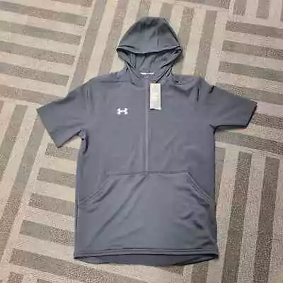 Mens Under Armour Black Short Slleve Hooded Pullover 1/2 Zip Kangaroo Pockets M • $49