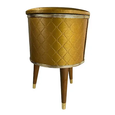 Vintage MCM Sewing Basket Storage Stool Container Gold Vinyl • $39