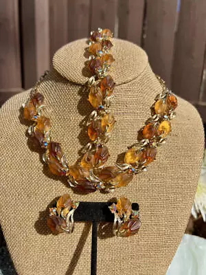 Vintage Lisner Style AB Rhinestone & Molded Leaf Necklace Bracelet Earrings SET • $149.98